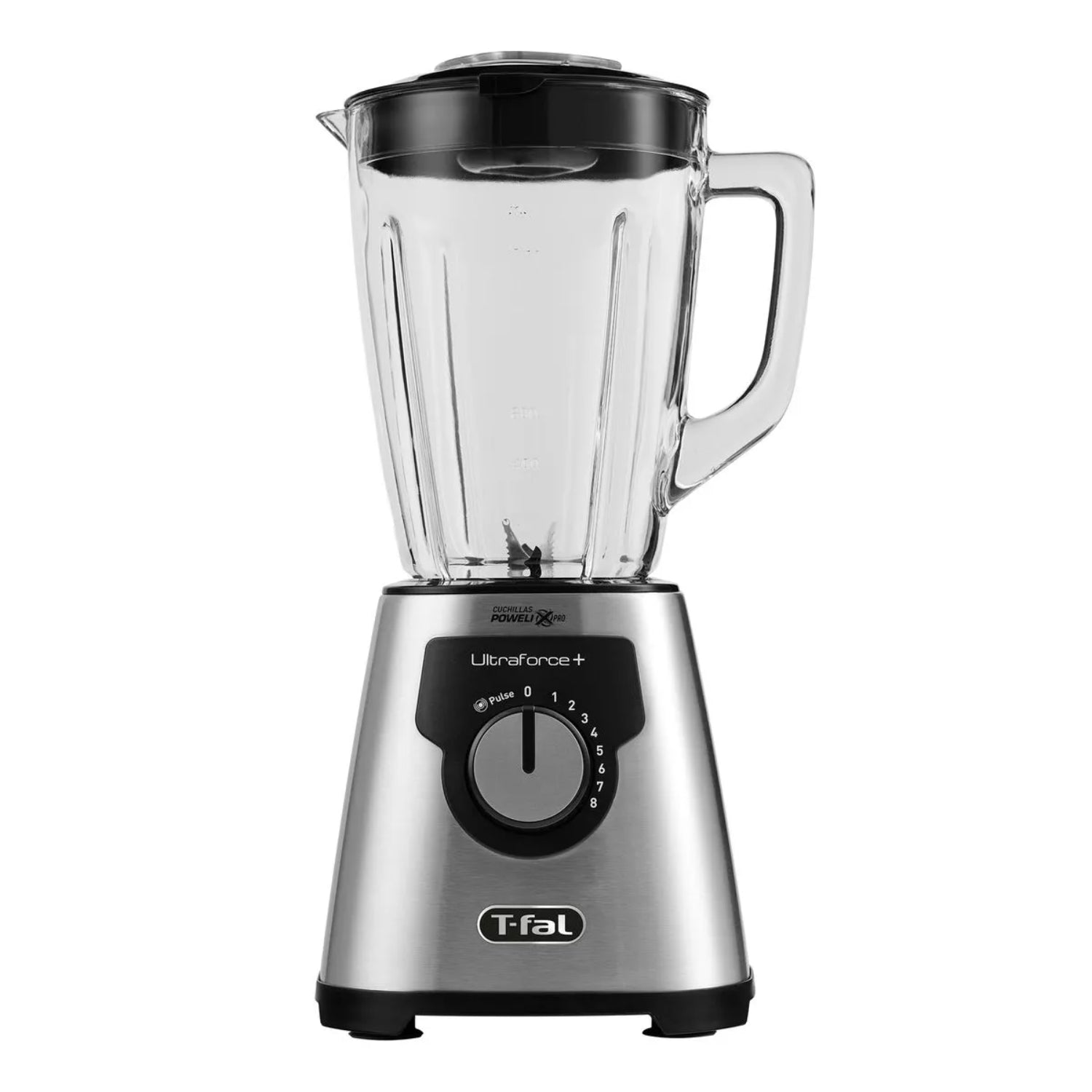 Licuadora T-Fal UltraForce+ plateada, vista frontal en cocina.